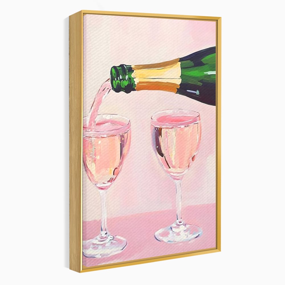 Tablou canvas cu pictura cu sticla si pahare de sampanie roz, in rama de aluminiu auriu